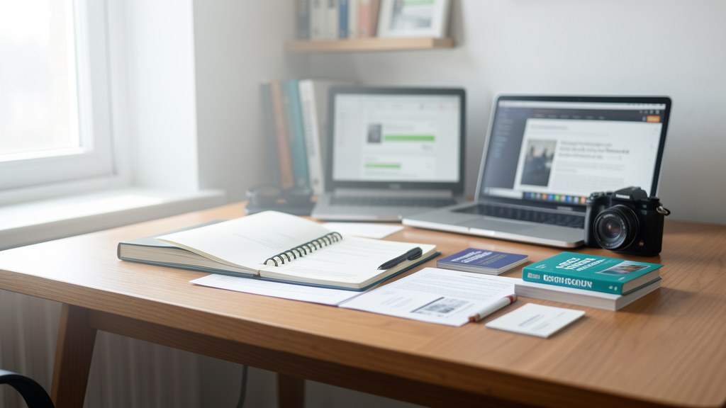 Editorial brief worksheet with source blocks, intent cards and link targets